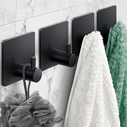 xdgeLoad Adhesive Hooks Black Matte Towel Hooks 4 Packs, Heavy Duty Waterproof Stainless Steel Wall Hooks, Stick on Hooks for Hanging Coat/Hat/Towel/Bathrobe/Key