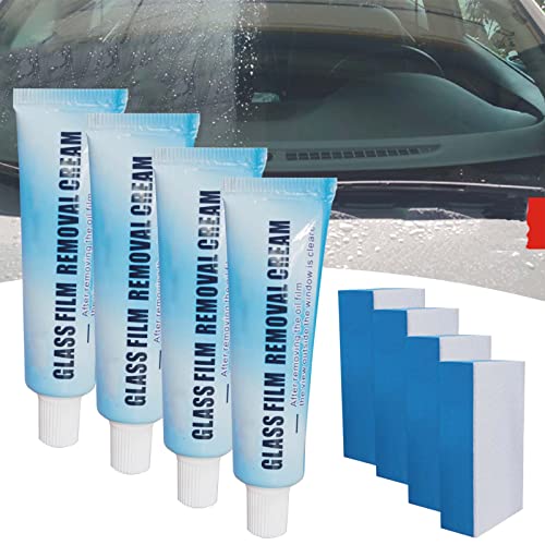 Car Glass Oil Film Cleaner with Sponge, Car Glass Waterproof Coating Agent Water Spot Remover, Glass Oil Film Remover for Car, Glass Stripper Water Spot Remover (4Pcs)