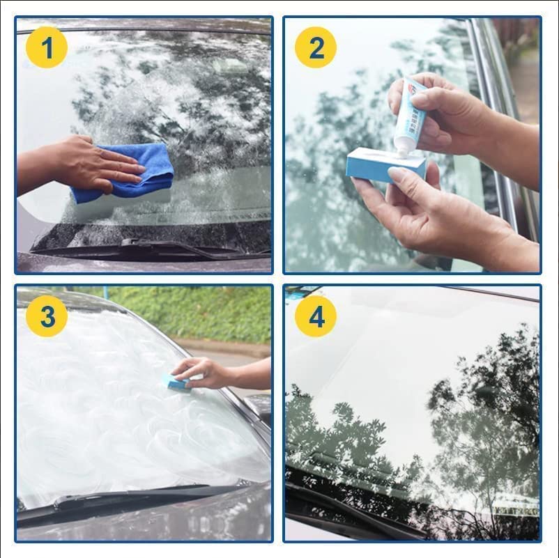 Car Glass Oil Film Cleaner with Sponge, Car Glass Waterproof Coating Agent Water Spot Remover, Glass Oil Film Remover for Car, Glass Stripper Water Spot Remover (4Pcs)