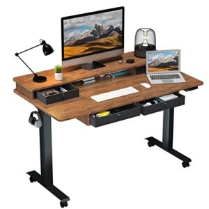 exadesk electric standing desk with 4 drawers, 55 x 30 inches adjustable desk with storage shelf, stand up desk for home and office, rustic brown top/black frame