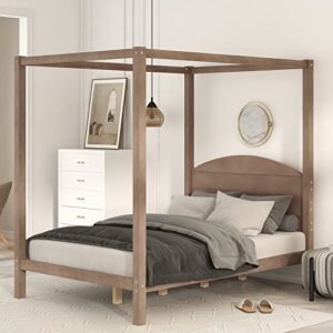 canopy bed frame full wood 4-poster panel beds modern full size platform bed with headboard, no box spring needed, brown wash