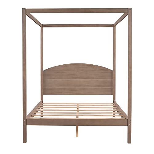 Canopy Bed Frame Full Wood 4-Poster Panel Beds Modern Full Size Platform Bed with Headboard, No Box Spring Needed, Brown Wash