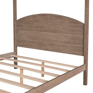 Canopy Bed Frame Full Wood 4-Poster Panel Beds Modern Full Size Platform Bed with Headboard, No Box Spring Needed, Brown Wash