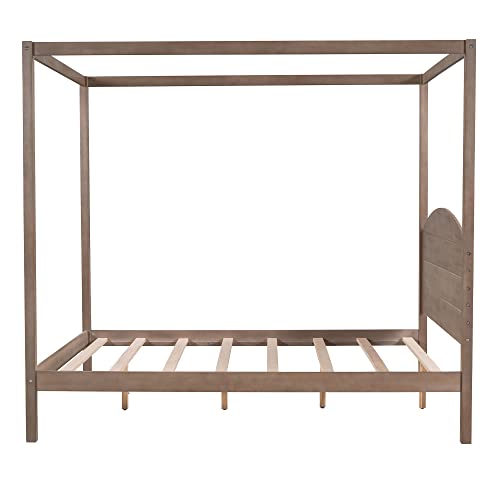 Canopy Bed Frame Full Wood 4-Poster Panel Beds Modern Full Size Platform Bed with Headboard, No Box Spring Needed, Brown Wash