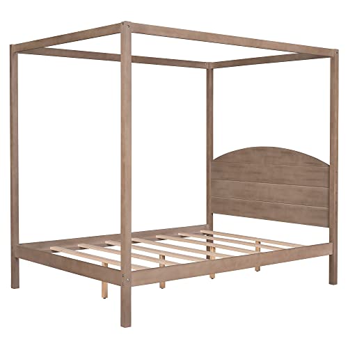 Canopy Bed Frame Full Wood 4-Poster Panel Beds Modern Full Size Platform Bed with Headboard, No Box Spring Needed, Brown Wash