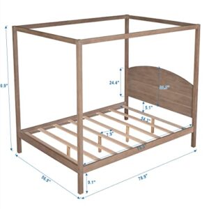 Canopy Bed Frame Full Wood 4-Poster Panel Beds Modern Full Size Platform Bed with Headboard, No Box Spring Needed, Brown Wash