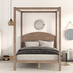 Canopy Bed Frame Full Wood 4-Poster Panel Beds Modern Full Size Platform Bed with Headboard, No Box Spring Needed, Brown Wash