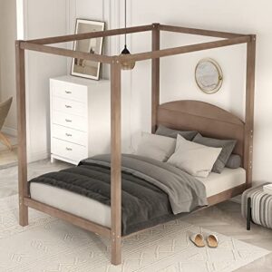 Canopy Bed Frame Full Wood 4-Poster Panel Beds Modern Full Size Platform Bed with Headboard, No Box Spring Needed, Brown Wash