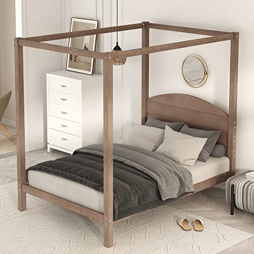 Canopy Bed Frame Full Wood 4-Poster Panel Beds Modern Full Size Platform Bed with Headboard, No Box Spring Needed, Brown Wash