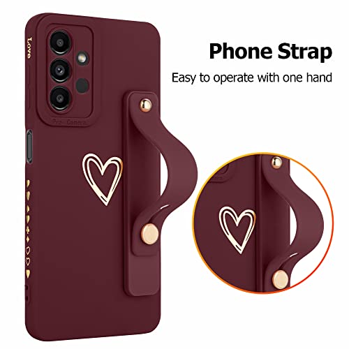 Fiyart Designed for Samsung Galaxy A13 4g 5g Case with Phone Stand Holder Cute Love Hearts Protective Camera Protection Cover with Wrist Strap for Women Girls for Galaxy A13 4G/5G-Wine Red