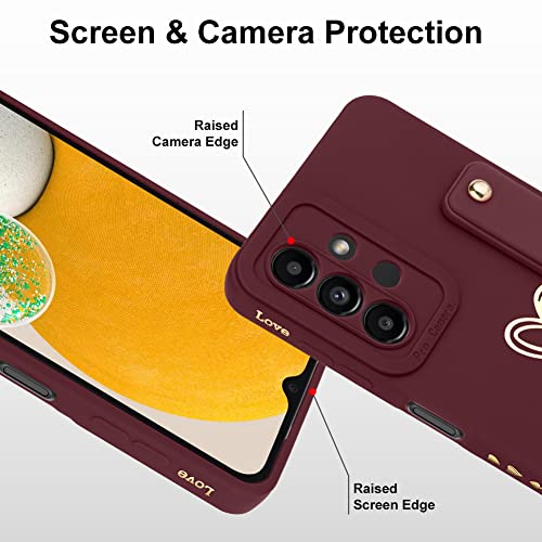 Fiyart Designed for Samsung Galaxy A13 4g 5g Case with Phone Stand Holder Cute Love Hearts Protective Camera Protection Cover with Wrist Strap for Women Girls for Galaxy A13 4G/5G-Wine Red