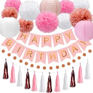 meowtastic pink birthday party decorations, happy birthday banner with tissue pom poms, tassel garland, paper lanterns, circle dot garland, pink and rose gold happy birthday decoration for women girl