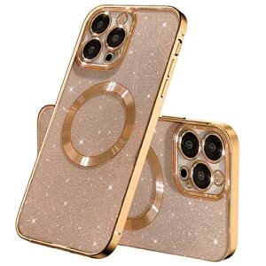 hyuekoko compatible with iphone 14 pro max magnetic glitter cute case, plating bling clear phone case with magsafe for women girls full camera protector back cover for iphone 14 pro max 6.7 gold