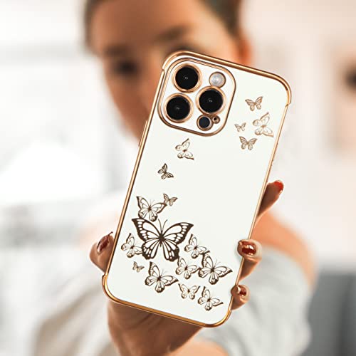 ZTOFERA iPhone 14 Pro Max Case, Electroplated Butterfly Gold Edge, Shockproof Slim TPU Bumper, 6.7" White