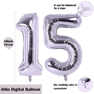 40 Inch Large Silver Number 15 Balloon Extra Big Size Jumbo Digit Mylar Foil Helium Balloons for Birthday Party Celebration Graduations Wedding Anniversary Baby Shower Supplies Engagement Photo Shoot