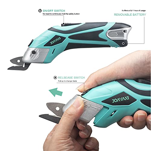 STEAJOK/JOAVANI Electric Scissors for Sewing, Cutting Fabrics, Crafting, Cardboard, Cordless Shears with Pouch (x2 Blade, x1 Battery - TG)