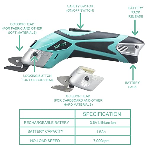 STEAJOK/JOAVANI Electric Scissors for Sewing, Cutting Fabrics, Crafting, Cardboard, Cordless Shears with Pouch (x2 Blade, x1 Battery - TG)