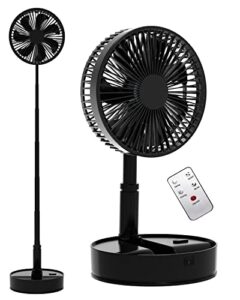 oscillating fan foldaway with remote control, 7200mah rechargeable battery powered pedestal fan for camping, 4 speed, timer, height adjustment portable table fan for travel , outdoor, home (black)