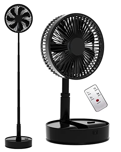 Oscillating Fan Foldaway with Remote Control, 7200mAh Rechargeable Battery Powered Pedestal Fan for Camping, 4 Speed, Timer, Height Adjustment Portable Table Fan for Travel , Outdoor, Home (Black)