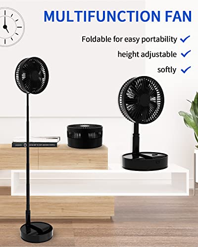 Oscillating Fan Foldaway with Remote Control, 7200mAh Rechargeable Battery Powered Pedestal Fan for Camping, 4 Speed, Timer, Height Adjustment Portable Table Fan for Travel , Outdoor, Home (Black)