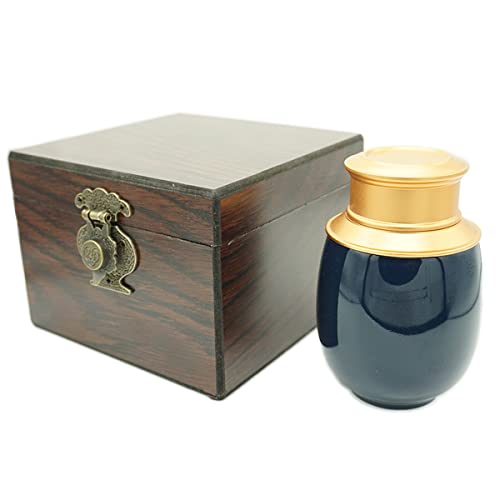 Small Urns for Human Ashes, Decorative Mini Urn,Cremation Keepsakes for Ashes,Human or Pet Small Ashes Urn,Handmade Ceramic Double Alloy Material Sealing Cap, with Woodgrain Box (Dark Blue)