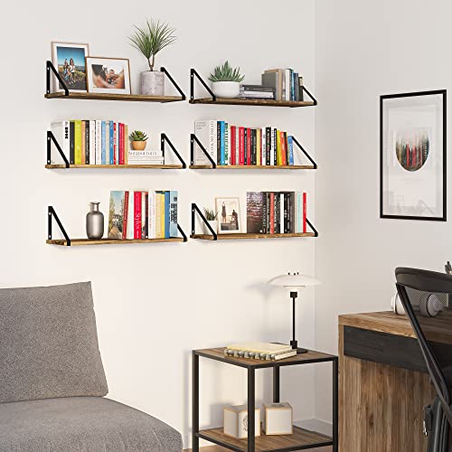 Wallniture Ponza Floating Shelves for Wall, 24"x8" Bookshelf for Large Books, Storage Shelves for Kitchen, Office, Hallway Living Room Decor, Set of 6, Burnt