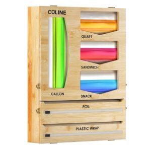 ziplock bag organizer together with foil and plastic wrap dispenser with cutter, ziplock bag storage organizer for drawer or wall, zip lock sandwich baggie container organization - bamboo