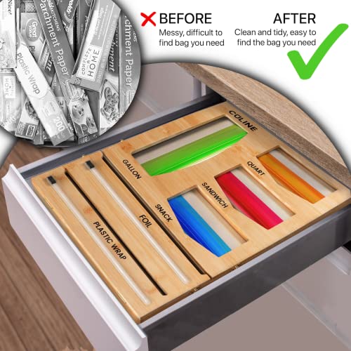 Ziplock Bag Organizer together with Foil and Plastic Wrap Dispenser with Cutter, Ziplock Bag Storage Organizer for Drawer or Wall, Zip Lock Sandwich Baggie Container Organization - Bamboo