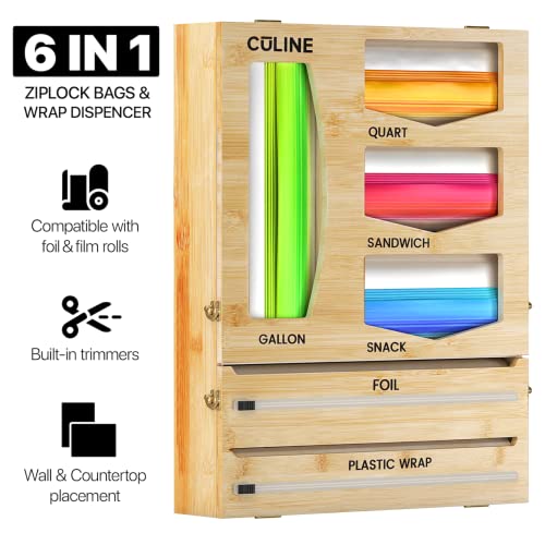 Ziplock Bag Organizer together with Foil and Plastic Wrap Dispenser with Cutter, Ziplock Bag Storage Organizer for Drawer or Wall, Zip Lock Sandwich Baggie Container Organization - Bamboo