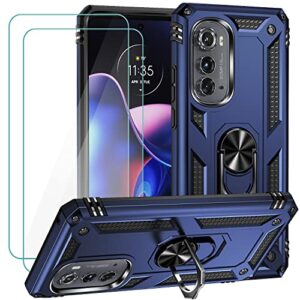 for motorola edge 2022 case with 2 pcs tempered glass screen protector, [military grade] 16ft. drop tested protective cover with magnetic kickstand car mount for motorola moto edge 2022, blue