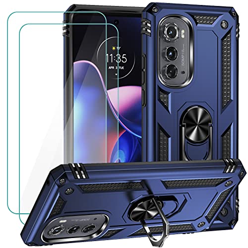 for Motorola Edge 2022 Case with 2 Pcs Tempered Glass Screen Protector, [Military Grade] 16ft. Drop Tested Protective Cover with Magnetic Kickstand Car Mount for Motorola Moto Edge 2022, Blue