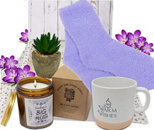 thinking of you get well soon gift for women | care package gift basket, variety box, after surgery recovery, feel better encouragement female mug, socks & candle plant | friend, mom, girlfriend