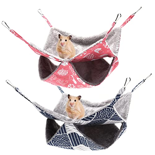 XINRUI 2 Pack Ferret Rat Hammock, Guinea Pig Cage Accessories, 13.7x13.7 Inches, Pet Cage Hanging Bunkbed Hammock for Small Animals, Guinea Pig, Ferret, Kitten, Squirrel, Chinchilla, Rat (Red, Blue)