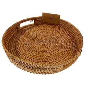 speenooch round rattan woven serving tray with handles ottoman tray for breakfast, drinks, snacks, for coffee table, kitchen counter, home decor