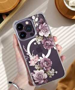 gviewin iphone 14 pro case with screen protector & camera lens protector, [compatible with magsafe] clear floral shockproof protective hard pc+tpu bumper women, cherry blossoms/purple