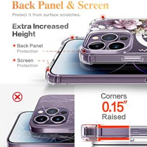 GVIEWIN iPhone 14 Pro Case with Screen Protector & Camera Lens Protector, [Compatible with MagSafe] Clear Floral Shockproof Protective Hard PC+TPU Bumper Women, Cherry Blossoms/Purple