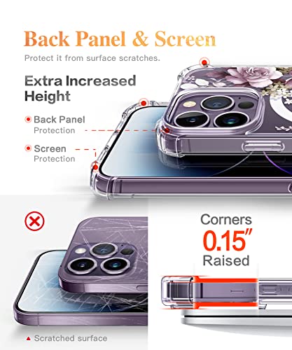 GVIEWIN iPhone 14 Pro Case with Screen Protector & Camera Lens Protector, [Compatible with MagSafe] Clear Floral Shockproof Protective Hard PC+TPU Bumper Women, Cherry Blossoms/Purple