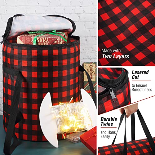 4 Pcs Light Storage Bag Buffalo Plaid Thickened Light Storage Bag with 3 Pcs Cardboard Wraps, Large Light Bulb Storage Bag with Zippered Closure for Holiday Festival (Red Buffalo Plaid)