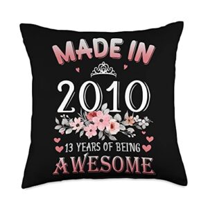 vintage 2010 13th birthday gifts teens girls 13 year old vintage made in 2010 13th flowers birthday gifts throw pillow, 18x18, multicolor