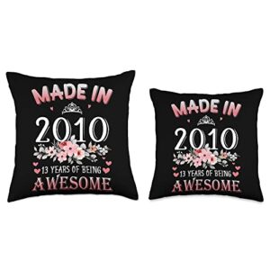 Vintage 2010 13th Birthday Gifts Teens Girls 13 Year Old Vintage Made in 2010 13th Flowers Birthday Gifts Throw Pillow, 18x18, Multicolor