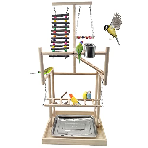 Hamiledyi Large Bird Playground 4 Layers Pet Parrot Playstand Gym Perch Wood Playpen for Parakeets Lovebirds Conure Cockatiel Cockatoos Finch Budgies or Other Small and Medium-Sized Birds