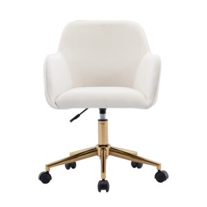 dbxii modern 360°swivel velvet office chair mid-back desk chairs with wheels adjustable with side arms gold metal base cute desk chair for bedroom, home office, vanity room (white + velvet)