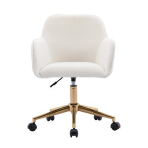 DBXII Modern 360°Swivel Velvet Office Chair Mid-Back Desk Chairs with Wheels Adjustable with Side Arms Gold Metal Base Cute Desk Chair for Bedroom, Home Office, Vanity Room (White + Velvet)