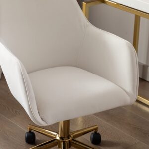 DBXII Modern 360°Swivel Velvet Office Chair Mid-Back Desk Chairs with Wheels Adjustable with Side Arms Gold Metal Base Cute Desk Chair for Bedroom, Home Office, Vanity Room (White + Velvet)