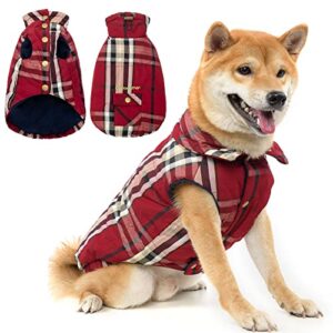expawlorer warm dog coat - cold weather windproof dog fleece coat for winter, british style plaid dog jacket cloth for small medium large dogs