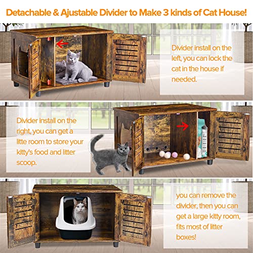 EasyCom Litter Box Enclosure, Hidden Cat Tree Tower Furniture for Indoor House, All-in-one Wooden Cat Litter Cabinet with Scratching Post and Condo, Rustic Brown