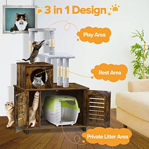 EasyCom Litter Box Enclosure, Hidden Cat Tree Tower Furniture for Indoor House, All-in-one Wooden Cat Litter Cabinet with Scratching Post and Condo, Rustic Brown