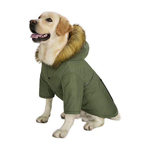 Miaododo Large Dog Down Jacket Hoodie Coat Winter Waterproof,Reflective Warm Dog Clothes Clothing Thick Padded for Medium Big Dogs, with Real Pocket (38, ArmyGreen)