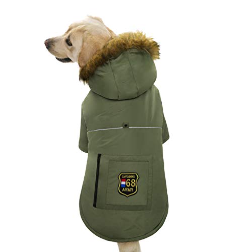 Miaododo Large Dog Down Jacket Hoodie Coat Winter Waterproof,Reflective Warm Dog Clothes Clothing Thick Padded for Medium Big Dogs, with Real Pocket (38, ArmyGreen)