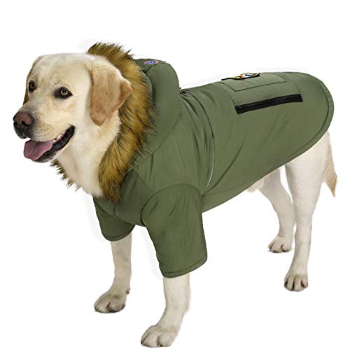 Miaododo Large Dog Down Jacket Hoodie Coat Winter Waterproof,Reflective Warm Dog Clothes Clothing Thick Padded for Medium Big Dogs, with Real Pocket (38, ArmyGreen)